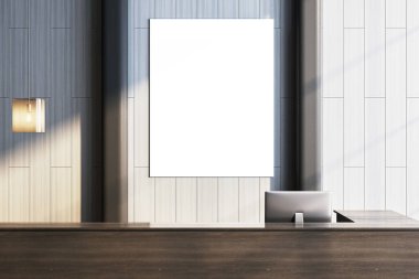 Boş resepsiyon alanı ahşap masa, duvarında boş dikey tuval ve yumuşak ışıklandırma. Modern şirket iç tasarım konsepti. 3B Hazırlama