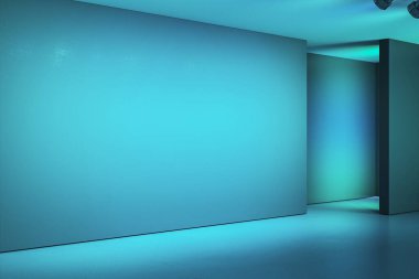 Boş galeri alanı, mavi ışıklandırma, boş duvarlar ve modern bir iç mekan. Sergi veya sunum için minimalist tasarım konsepti. 3B Hazırlama