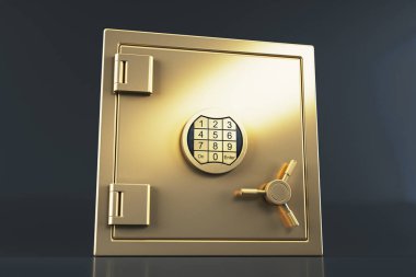 Klavyeli altın kasa dairesini emniyete al ve karanlık arka planda tut. Güvenlik, tasarruf ve finansal koruma kavramı. 3B Hazırlama