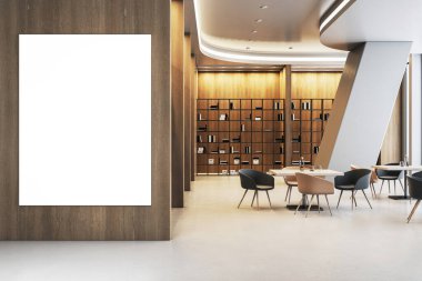 Modern kütüphanede ya da kafenin içinde tahta duvarda boş dikey poster var. Kitaplıklar, şık sandalyeler ve çağdaş ortamdaki masalar. 3B Hazırlama.