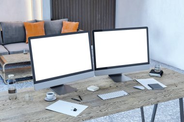 Ofis malzemeleri, kahve fincanı ve defterlerle dolu modern çalışma alanındaki ahşap bir masanın üzerinde boş maketleri olan iki masaüstü ekranı. 3B Hazırlama