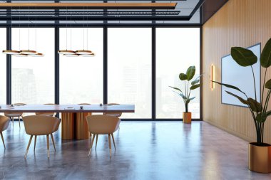 Zarif mobilyaları, büyük pencereleri, ahşap duvarları ve lüks tasarımı olan şehir manzaralı geniş modern konferans odası. 3B Hazırlama