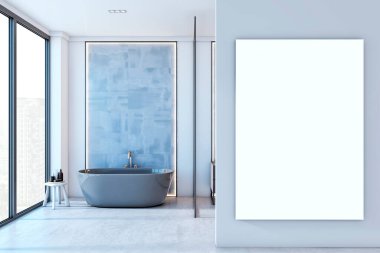 Lüks banyo, küvet, geniş pencere ve mavi duvarda boş dikey poster. Minimalist tasarım, modern iç mimari. 3B Hazırlama