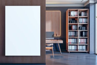 Masası, kitaplığı ve tahta duvarında boş dikey tuvali olan çağdaş çalışma alanı. Zarif ışıklandırma ve organize klasörler. 3B Hazırlama