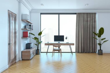 Ahşap masa, sandalye, bitkiler ve şehir manzaralı geniş pencereli şık bir çalışma alanı. Beyaz duvarlar, parke zemin ve zarif bir dekor. 3B Hazırlama