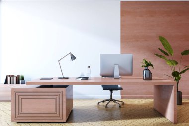 Lüks ahşap bir masası, şık bir dekoru ve çağdaş bir iç mimarisi olan geniş bir yönetici ofisi. Zarif mobilyaları olan parlak ve temiz bir çalışma alanı. 3B Hazırlama