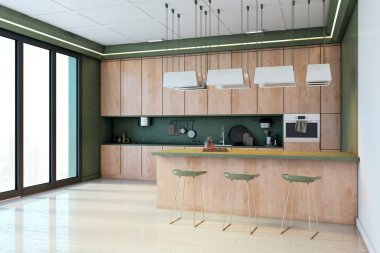 Ahşap dolaplı şık mutfak, yeşil arka kaplama ve ada. Büyük pencereler şehir manzarası sağlar. Zarif ışıklandırma rahat ev alanını geliştirir. 3B Hazırlama.