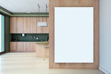 Ahşap dolaplı mutfak, yeşil aksanlı mutfak ve tahta duvarda boş beyaz dikey poster. Zarif detayları olan temiz, modern bir tasarım. 3B Hazırlama.