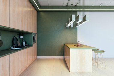 Ahşap dolapları, yeşil duvarları olan şık bir mutfak ve kolye ışıklandırmalı parlak bir ada. Çağdaş ev dekorasyonu konsepti. 3B Hazırlama