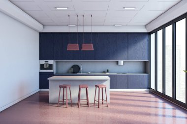 Mavi dolapları, pembe tabureleri ve şehre bakan büyük pencereleri olan şık bir mutfak. Samimi ışıklandırma ve temiz estetik ile zarif bir tasarım. 3B Hazırlama