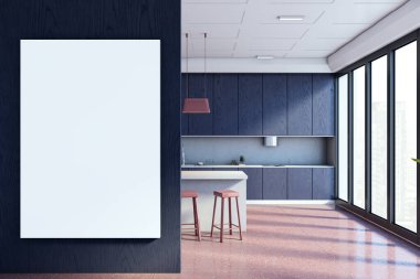 Büyük pencereli lüks mutfak, şehir manzaralı, gösterişli dolaplar, ve karanlık duvarda boş tuval. Sıcak atmosferi olan çağdaş tasarım. 3B Hazırlama.