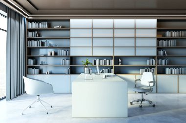 Çağdaş bir ortamda parlak beyaz masası, kitaplığı ve şık sandalyeleri olan geniş bir yönetici ofisi. Büyük pencereler şehir manzarası sağlar. 3B Hazırlama