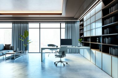 Beyaz masa, kitaplıklar ve parlak bir ofiste kanepesi olan lüks çalışma alanı. 3B Hazırlama