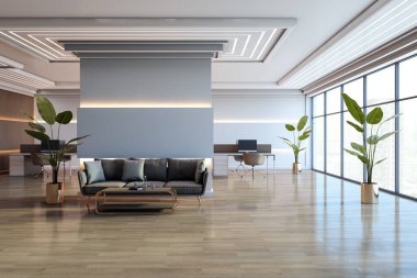 Zarif mobilyaları, geniş pencereleri ve şehir manzarası olan geniş modern ofis bekleme alanı. Parlak ışıklandırma ve şık dekorasyon profesyonel bir alan yaratır. 3B Hazırlama