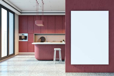 Kırmızı dolapları, adası ve tahta duvarında boş dikey tuvali olan zarif bir mutfak. Şehir manzaralı ve terrazzo zeminli parlak bir yer. 3B Hazırlama