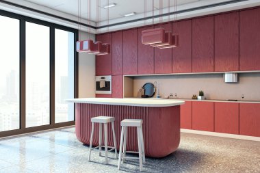 Kırmızı ahşap dolapları, merkez adası ve büyük pencereleri olan çağdaş bir mutfak. Şehir manzaralı şık tasarım, parlak yüzeyler ve sıcak ışıklandırma. 3B Hazırlama