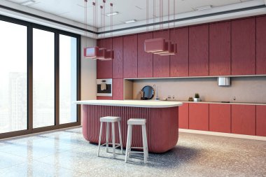 Kırmızı dolapları, adası ve şehir manzarası olan çağdaş bir mutfak. Modern tasarımı, geniş pencereleri ve şık ışıklandırması olan parlak bir yer. 3B Hazırlama