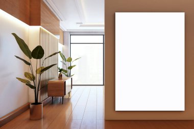 Kahverengi duvarında dikey boş tuval olan zarif çalışma alanı, ahşap zemin, kapalı bitkiler ve geniş pencereden şehir manzarası. 3B Hazırlama