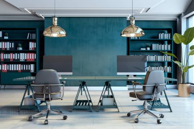 Çağdaş ofis içi cam masa, ergonomik sandalyeler, kitaplıklar ve kolye ışıkları. Gösterişli ve profesyonel çalışma alanı tasarımı. 3B Hazırlama.