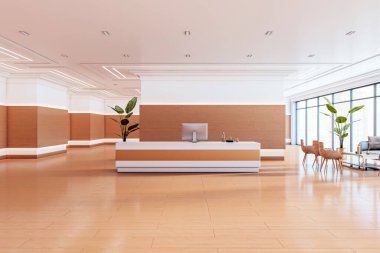 Beyaz bir masa, ahşap döşeme ve şehir manzarası sunan geniş pencereli geniş ofis resepsiyonu. Minimalist iç tasarım içeriyor. 3B Hazırlama