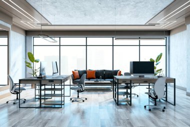 Çağdaş ofis, parlak masalar, sandalyeler ve turuncu yastıklı siyah bir kanepe. Büyük pencereler şehir manzarası sunuyor. Endüstriyel-modern çalışma alanı. 3B Hazırlama.