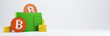 Yeşil cüzdan, Bitcoin paralar ve arka planda altın paralar. Kripto para birimi, engelleme zinciri ve dijital finans kavramı. 3B Hazırlama