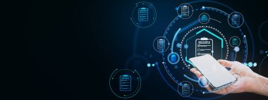 Akıllı telefonun üzerinde yüzen kontrol listesi simgelerine sahip dijital belge yönetimi. Koyu arkaplanda neon biçiminde arayüz, bulut depolamayı temsil ediyor