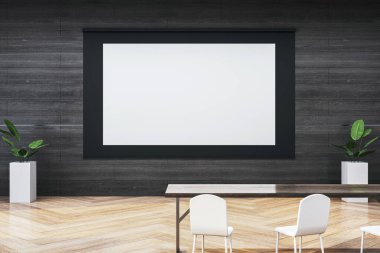 Boş ekran, modern tarzda ahşap zemin üzerinde iş sunumu konsepti olan boş bir konferans odası. 3B Hazırlama