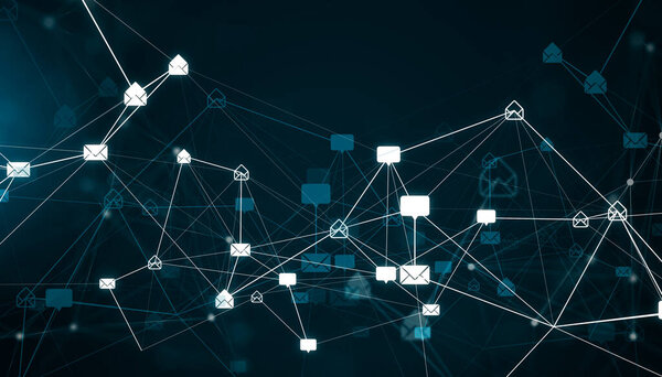 Электронная почта сети связи с иконками конверта, светящиеся линии, и цифровые узлы на темном фоне. Концепция онлайновых сообщений и обмена данными. 3D рендеринг