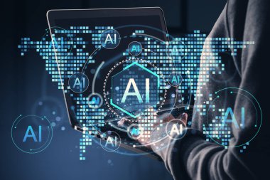 AI dijital hologram, neon mavi fütüristik arayüz ve koyu arkaplanda yapay zekayı temsil eden veri sembolleri kullanan kişi