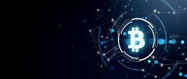 Blockchain ağ bağlantıları ile parlayan Bitcoin simgesi, koyu arkaplanda neon mavi ışık. Kripto para birimi, dijital finans ve siber güvenlik kavramı. 3B Hazırlama