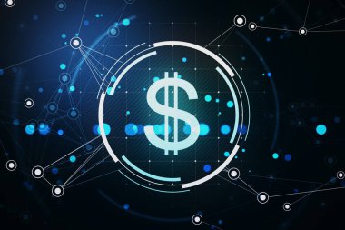 Karanlık arka planda parlayan neon ağ bağlantıları olan dijital dolar simgesi. Sanal finans, yatırım ve döviz kuru kavramı. 3B Hazırlama