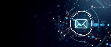 Siber uzayda birbirine bağlı düğümlerle parlayan e-posta simgesi, koyu arkaplan üzerinde neon mavi ışık efekti. Dijital iletişim ağı kavramı. 3B Hazırlama.