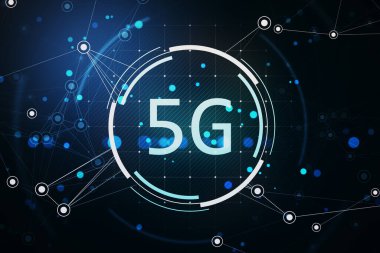5G dijital sembol, neon parıltısı, fütüristik ağ bağlantıları, ve karanlık arka planda siber elementler. Yüksek hızlı mobil teknoloji kavramı. 3B Hazırlama.