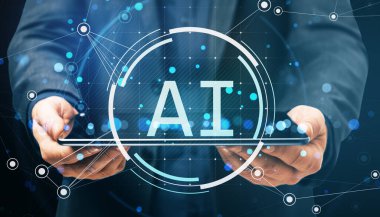 Elinde yapay zeka dijital sembolü olan bir iş adamı. Fütürist ağ bağlantıları, neon mavisi arka plan. Yapay zeka ve teknoloji kavramı