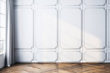 Beyaz panelli duvarı, ahşap parke döşemesi ve perdeli penceresi olan zarif bir iç mekan. Güneş ışığı yumuşak gölgeler bırakır, parlak bir ortam yaratır. 3B Hazırlama.