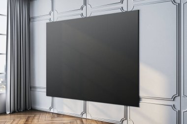 Dekoratif beyaz bir duvarda, penceresi ve perdesi olan, yumuşak doğal ışıkla dekoratif beyaz bir poster modeli. 3B Hazırlama