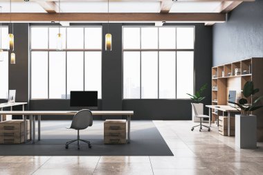 Minimalist masalar, sandalyeler ve ahşap aksanlı, geniş pencereli ve çevresel ışıklandırmalı çağdaş ofis alanı. Şirket iş alanı konsepti. 3B Hazırlama.