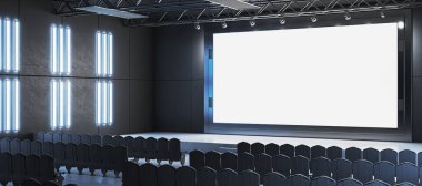 İçi boş ekran, siyah koltuklar ve karanlık duvarlarda fütüristik ışıklandırma olan bir sinema. Film, sunum ya da markalaşma için mükemmel. 3B Hazırlama