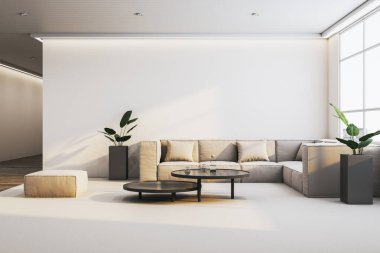 Bej kanepe, yuvarlak masalar ve büyük pencerelerden gelen doğal ışıkla aydınlatılmış bitkilerle süslü bir oturma odası. Minimalist dekor konsepti. 3B Hazırlama.