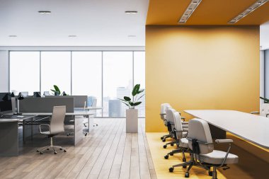 Geniş çalışma alanı, yönetim kurulu masası, ergonomik sandalyeler ve geniş pencereli şehir manzaralı geniş bir ofis. Modern şirket tasarımı. 3B Hazırlama.