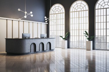 Masası desenli, kemerli pencereleri ve kapalı salonda bitkileri olan şık bir resepsiyon alanı. Parlak doğal ışık, modern çalışma alanı iç mekanını geliştirir. 3B Hazırlama.