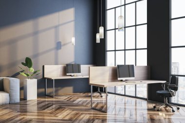 Geniş pencereli, ahşap parke döşemeli ve minimalist çalışma yerleriyle çağdaş ofis içi. Parlak ışıklandırma ve şehir manzarası. 3B Hazırlama