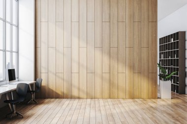 Ahşap duvarlı, masalı ve geniş pencereli sandalyeli parlak bir ofis. Raflı ve dekoratif elementli minimalist tasarım. İş konsepti. 3B Hazırlama.