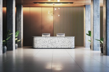 Modern bir ofis lobisinde zarif bir resepsiyon masası. Ön dokusu ahşap duvar panelleri ve beton sütunlarla işlevsel bir çalışma alanı yaratıyor. 3B Hazırlama.