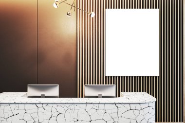 Çağdaş ofis resepsiyonu kırık mermer bir masa, çift monitörler, ve tahta bir slat duvarda boş bir çerçeve. Zarif ve minimalist tasarım. 3B Hazırlama.