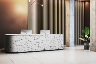 Modern ofis lobisinde kırık taş dokusu olan çağdaş resepsiyon masası, ahşap panel duvarlar, cam elementler ve minimalist dekor içeriyor. 3B Hazırlama.