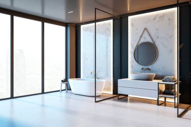 Geniş, modern banyo, tavandan tavana pencereler, serbest banyo küveti, minimalist lavabo, ve arka aydınlatma mermer duvar, lüks bir ortam sunuyor. 3B Hazırlama