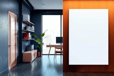 Ahşap bir duvarda boş bir dikey poster, modern mobilyalar, masa ve şehir manzaralı zarif ofis alanı. 3B Hazırlama