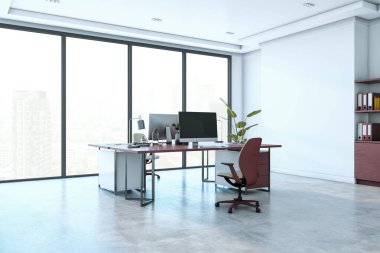Şık bir masası, ergonomik koltuğu ve şehre bakan büyük pencereleri olan çağdaş ofis içi. Parlak ve ferah bir iş yeri. 3B Hazırlama